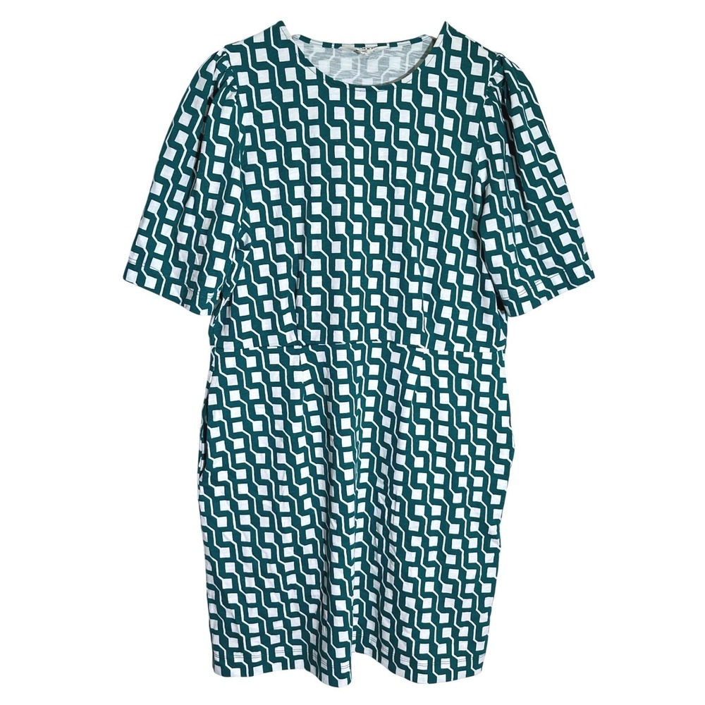 Boden Green White Geometric Print Jersey Dress Pockets‎ US 12 UK 16R